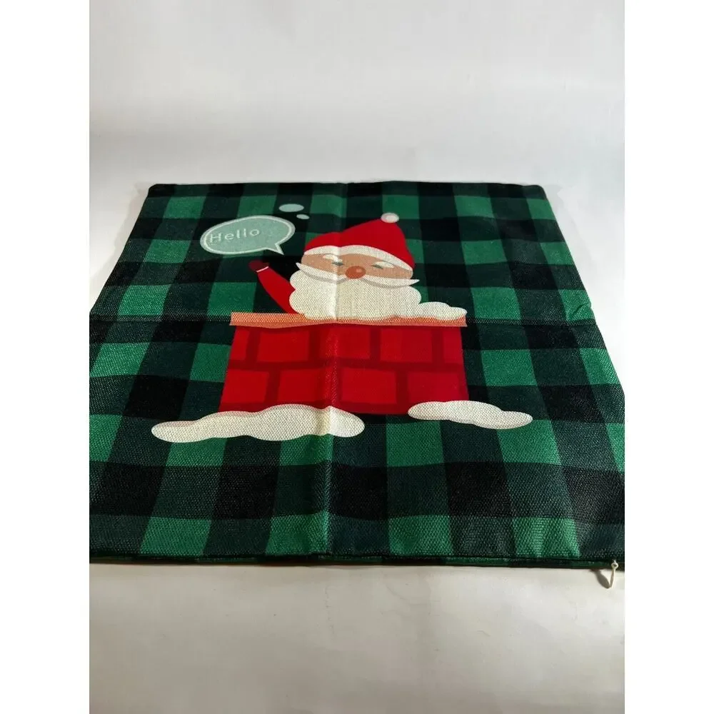 Christmas Pillow Cover Zipper Canvas Fabric Holiday Hello Santa Chimney NEW